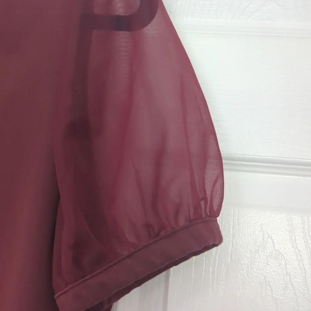 Madewell Maroon Sheer Puff Sleeve Large Top - Picture 3 of 5